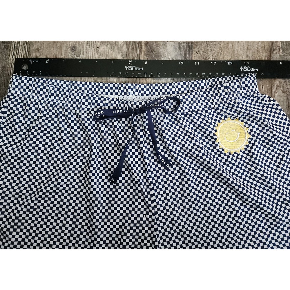 Life is Good Sleep Shorts Womens Medium Navy Blue Checkered Sun Smiley Lounge - Picture 4 of 6